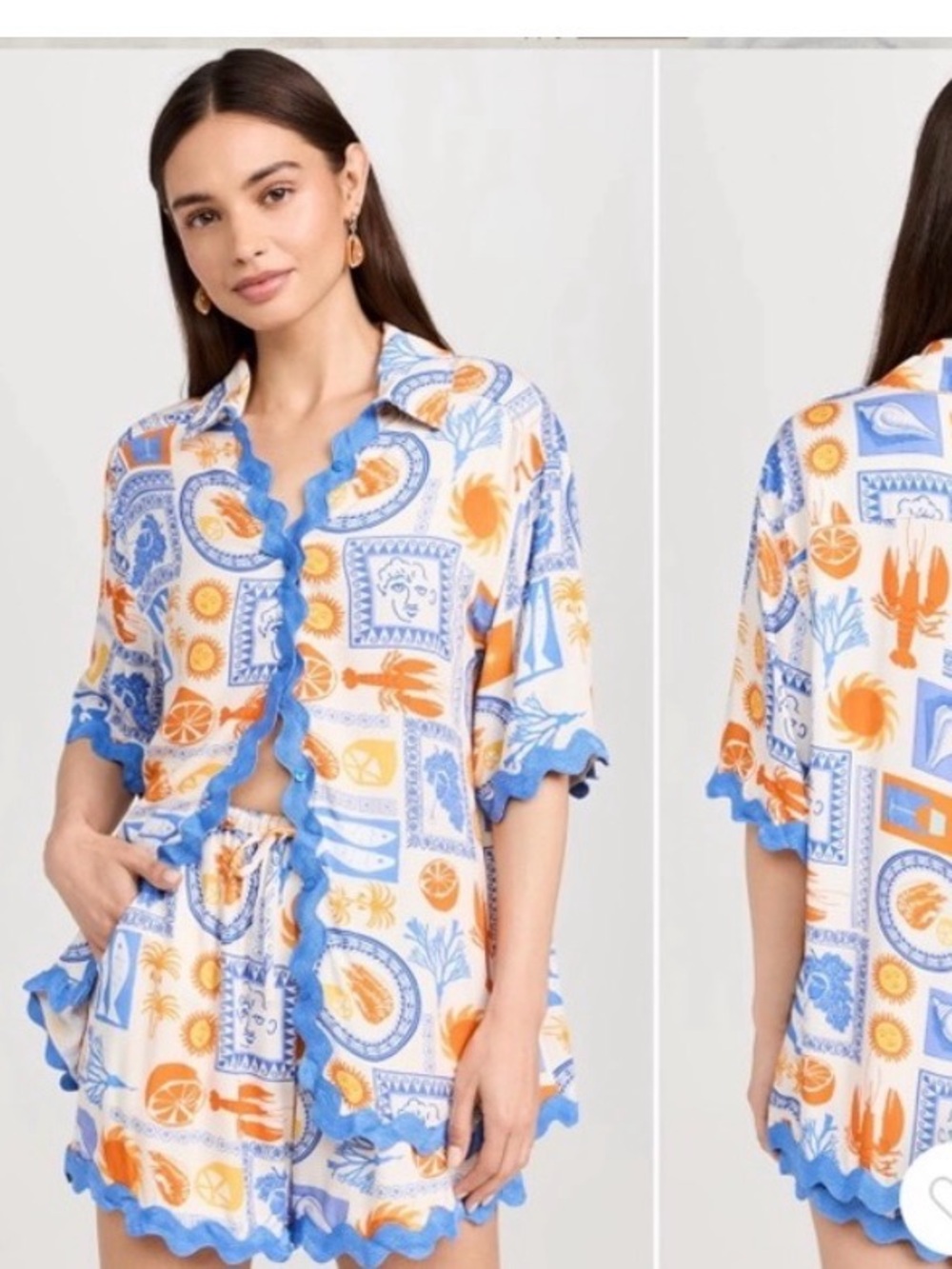 $105 seven wonders Scallop-Trim Blue & Orange Printed Button Blouse